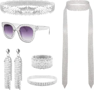 6 Pcs 70s Disco Accessories Women Costume Jewelry Set 1970s Disco Diamond Bracelet Headband Sequin Scarf Glasses Earrings