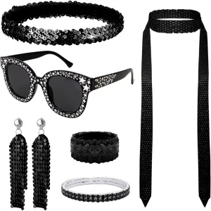 6 Pcs 70s Disco Accessories Women Costume Jewelry Set 1970s Disco Diamond Bracelet Headband Sequin Scarf Glasses Earrings