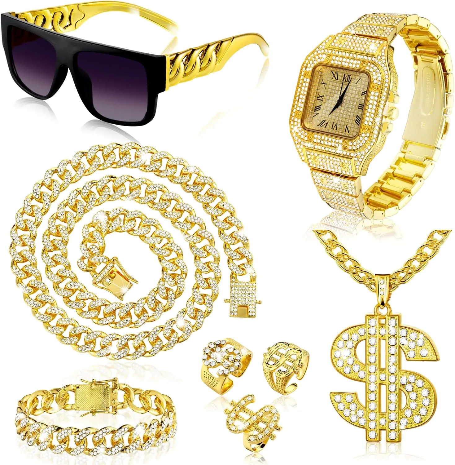 8 Pcs Hip Hop Jewelry Set Dollar Sign Pendant Necklace Bracelet Watch Sunglasses Rings 80s 90s for Men