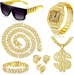 8 Pcs Hip Hop Jewelry Set Dollar Sign Pendant Necklace Bracelet Watch Sunglasses Rings 80s 90s for Men