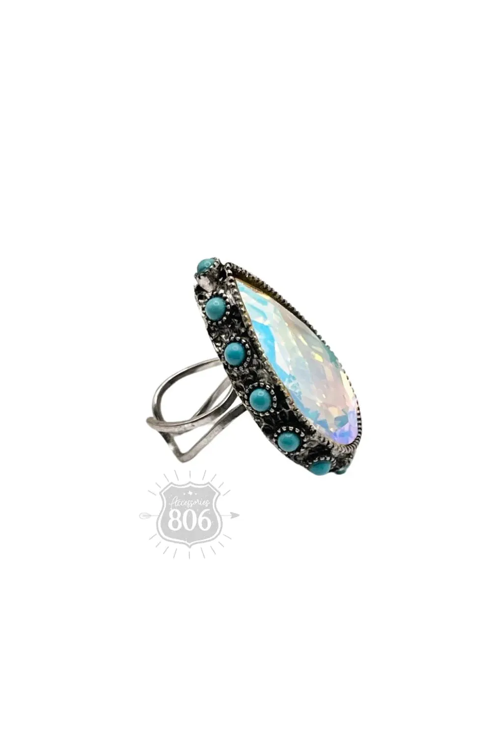 806 By Pink Panache AB Turquoise Teardrop Rhinestone Silver Adjustable Ring