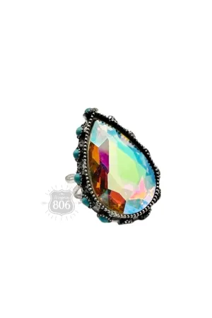 806 By Pink Panache AB Turquoise Teardrop Rhinestone Silver Adjustable Ring