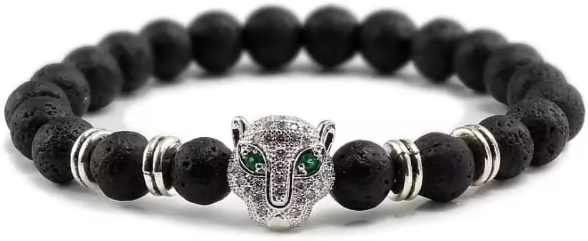 8mm Bracelet Men Black Lava Balance Beads Buddha Prayer Natural Stone Yoga Bracelet For Women Leopard Head