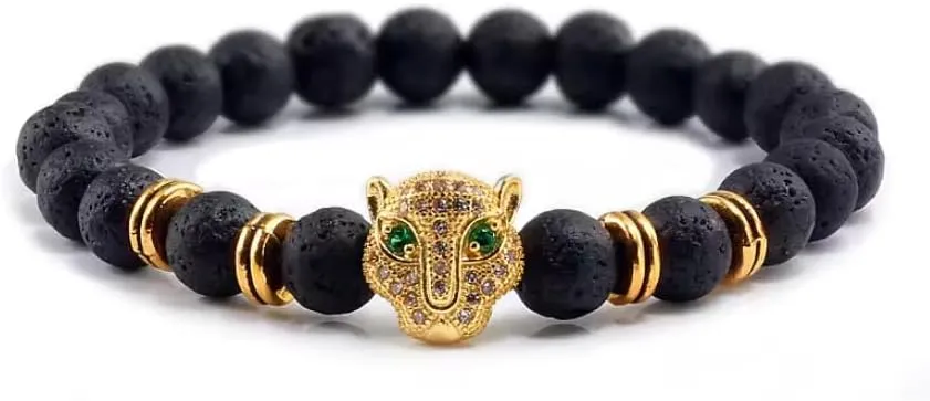 8mm Bracelet Men Black Lava Balance Beads Buddha Prayer Natural Stone Yoga Bracelet For Women Leopard Head