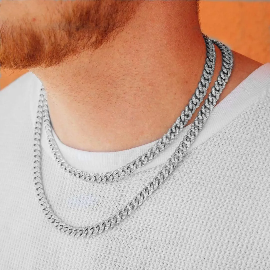8mm Real 14K or White Gold Plated Diamond Iced Out Cuban Link Chain or Bracelet Hip Hop Miami Prong-Setting Necklace Choker for Men Women