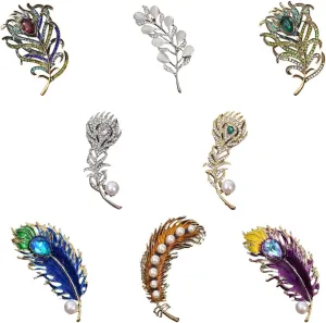 8pcs Ucubwfu Feather Brooch Set, Enamel Rhinestone Premium Brooch, Feather Pins Clothes Bag Jewelry