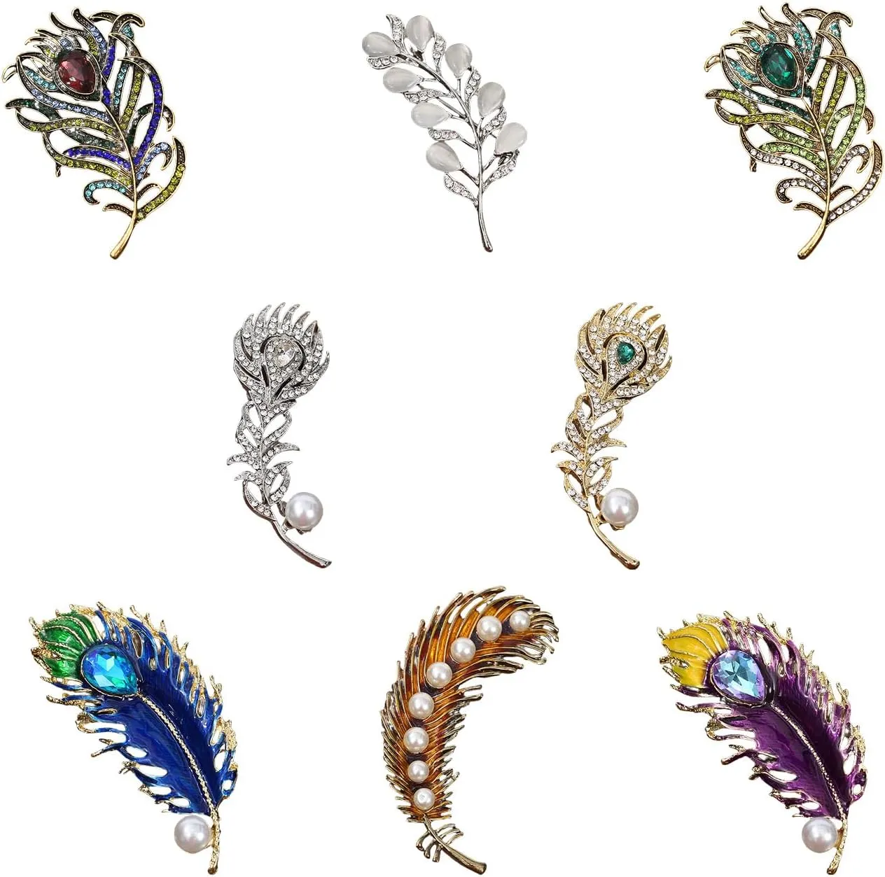8pcs Ucubwfu Feather Brooch Set, Enamel Rhinestone Premium Brooch, Feather Pins Clothes Bag Jewelry