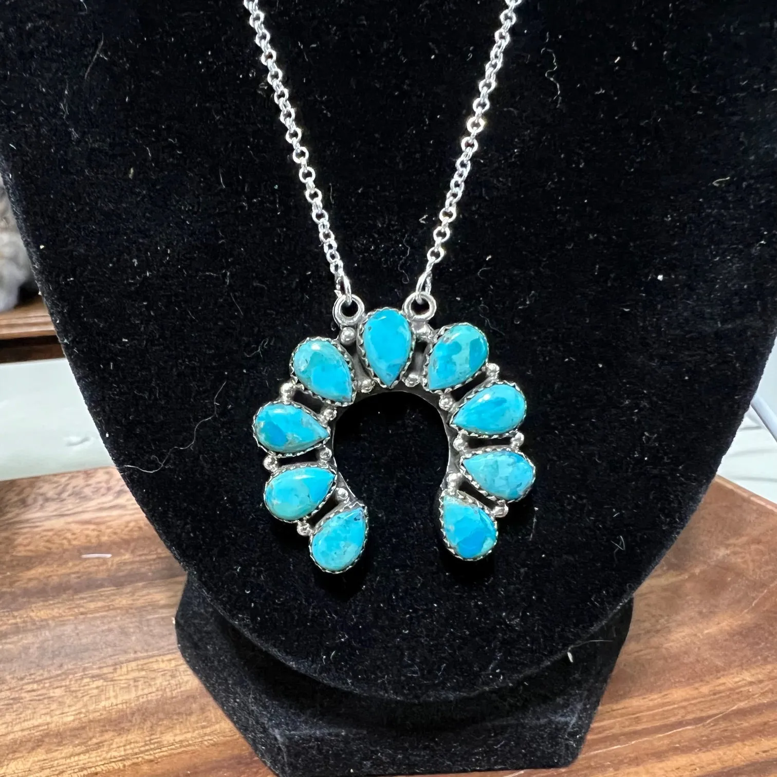 9 stone Genuine Turquoise Squash Sterling Silver Pendant Necklace - 18 inches