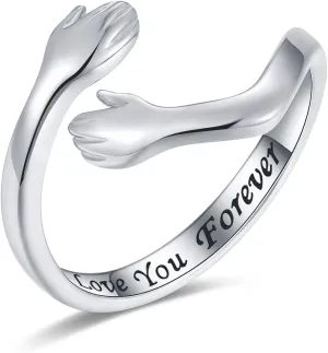 925-Sterling-Silver Adjustable Hug Ring for Women - White Gold Plated Couple Hugging Hands Thumb Rings,Promise Wedding Ring for Men,Christmas Jewelry Gift for Her