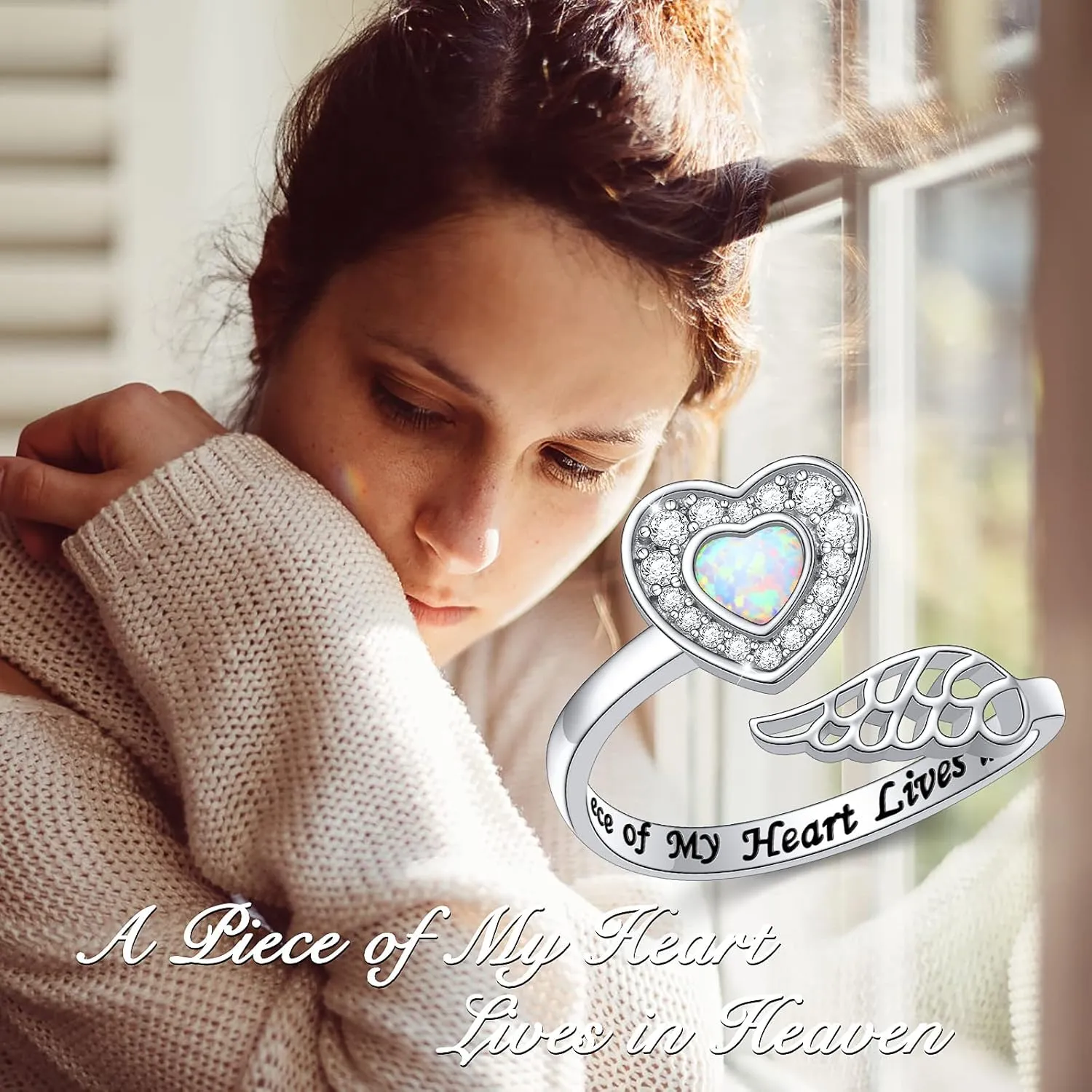 925 Sterling Silver Angel Wing Ring for Women Girls Memorial Jewelry Love Engraved Message Wrap Open Ring Lap Opal Heart Rings Adjustable Size