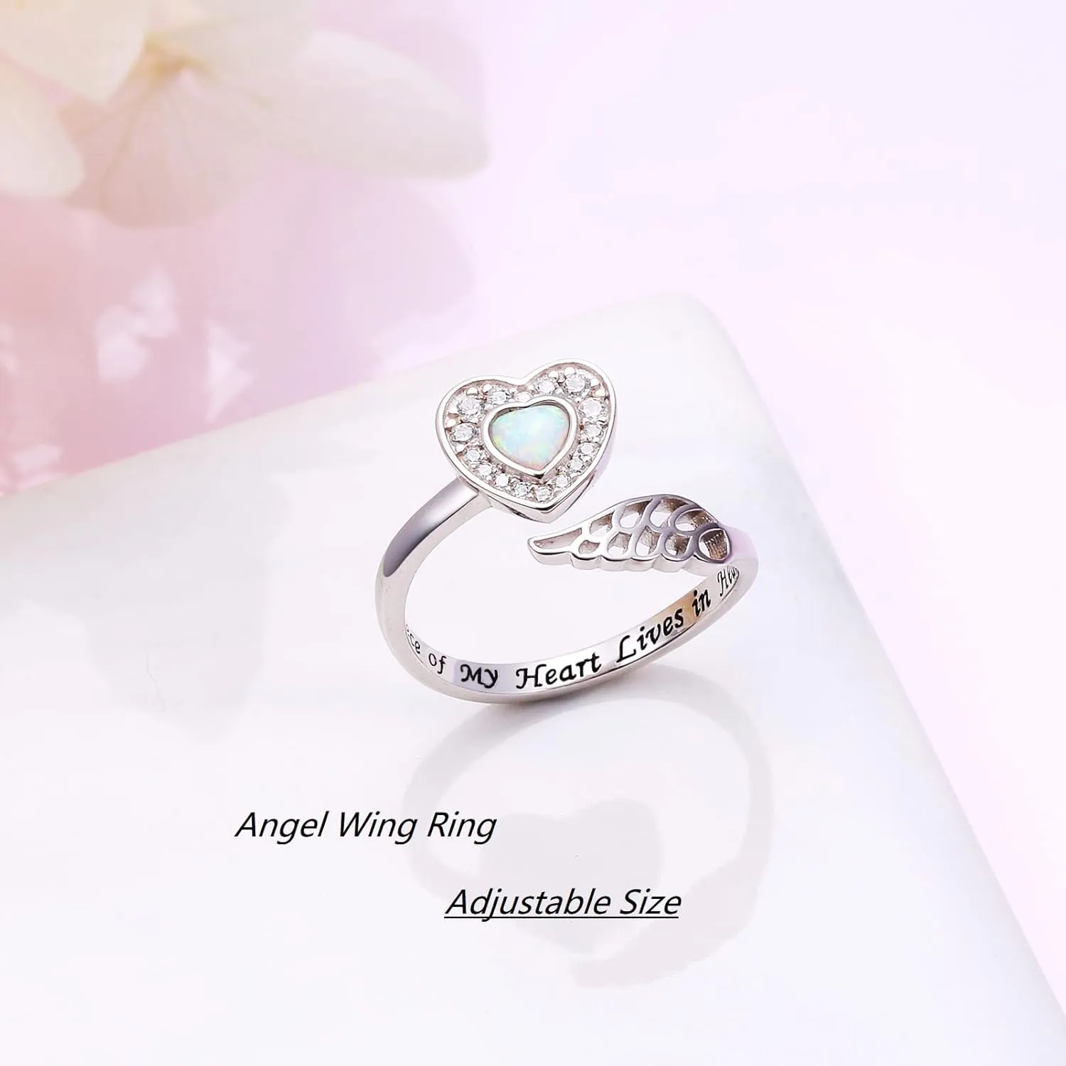 925 Sterling Silver Angel Wing Ring for Women Girls Memorial Jewelry Love Engraved Message Wrap Open Ring Lap Opal Heart Rings Adjustable Size