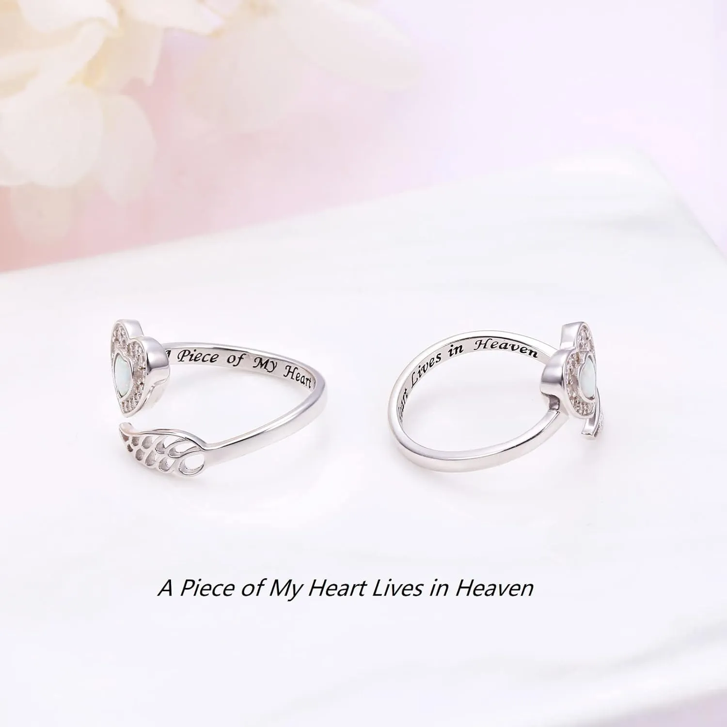 925 Sterling Silver Angel Wing Ring for Women Girls Memorial Jewelry Love Engraved Message Wrap Open Ring Lap Opal Heart Rings Adjustable Size