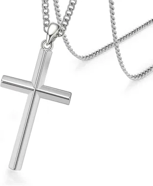 925 Sterling Silver Cross Necklace for Men Women Beveled Edge Cross Pendant with 22" 2" Adjustable Chain