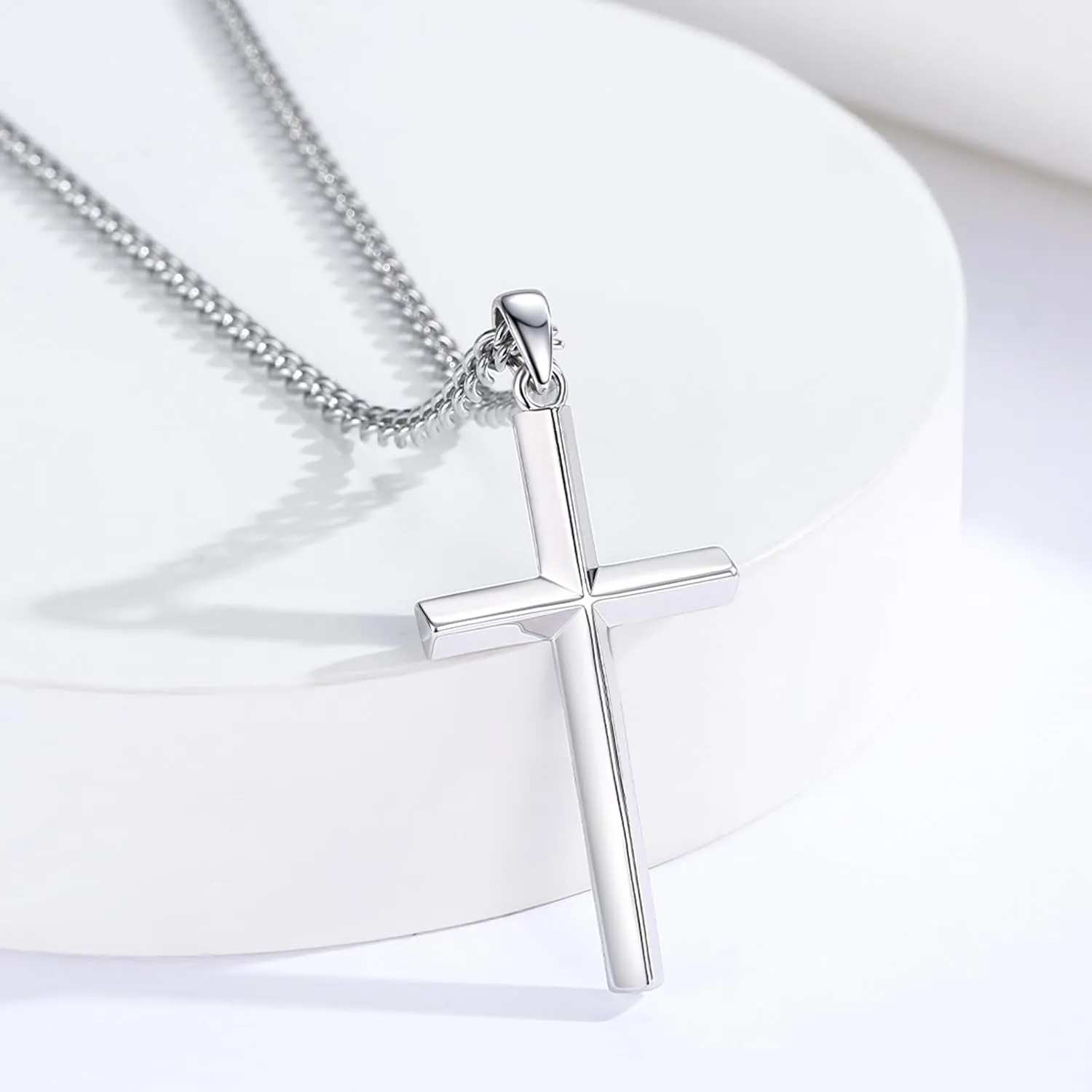 925 Sterling Silver Cross Necklace for Men Women Beveled Edge Cross Pendant with 22" 2" Adjustable Chain