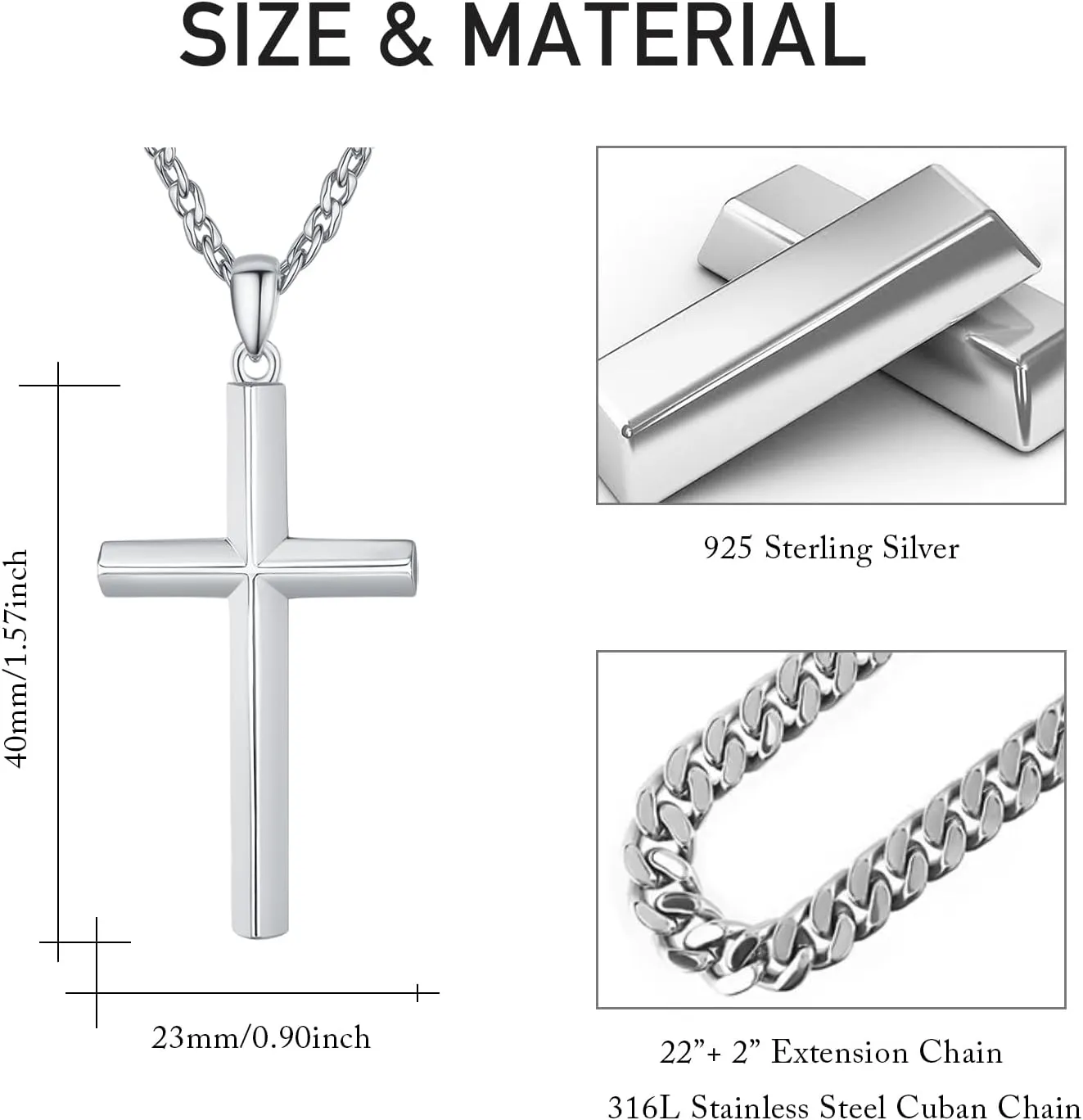 925 Sterling Silver Cross Necklace for Men Women Beveled Edge Cross Pendant with 22" 2" Adjustable Chain
