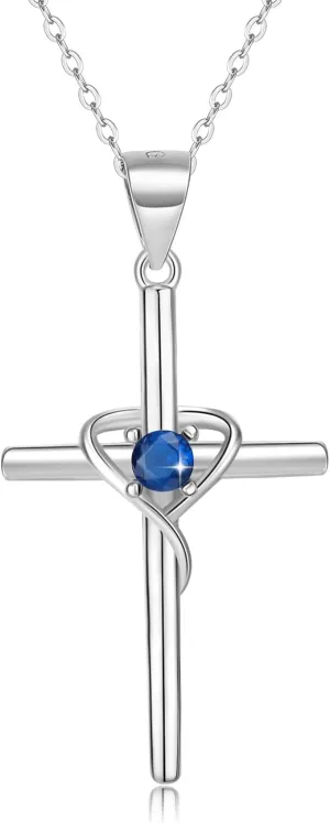 925 Sterling Silver Cross Necklace for Women 5A CZ Birthstone Necklace Cross Heart Pendant Necklace for Women Men Adjustable Birthstone Jewelry Gift for Birthday Christmas