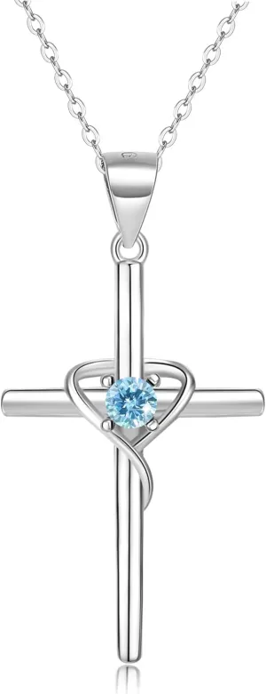 925 Sterling Silver Cross Necklace for Women 5A CZ Birthstone Necklace Cross Heart Pendant Necklace for Women Men Adjustable Birthstone Jewelry Gift for Birthday Christmas