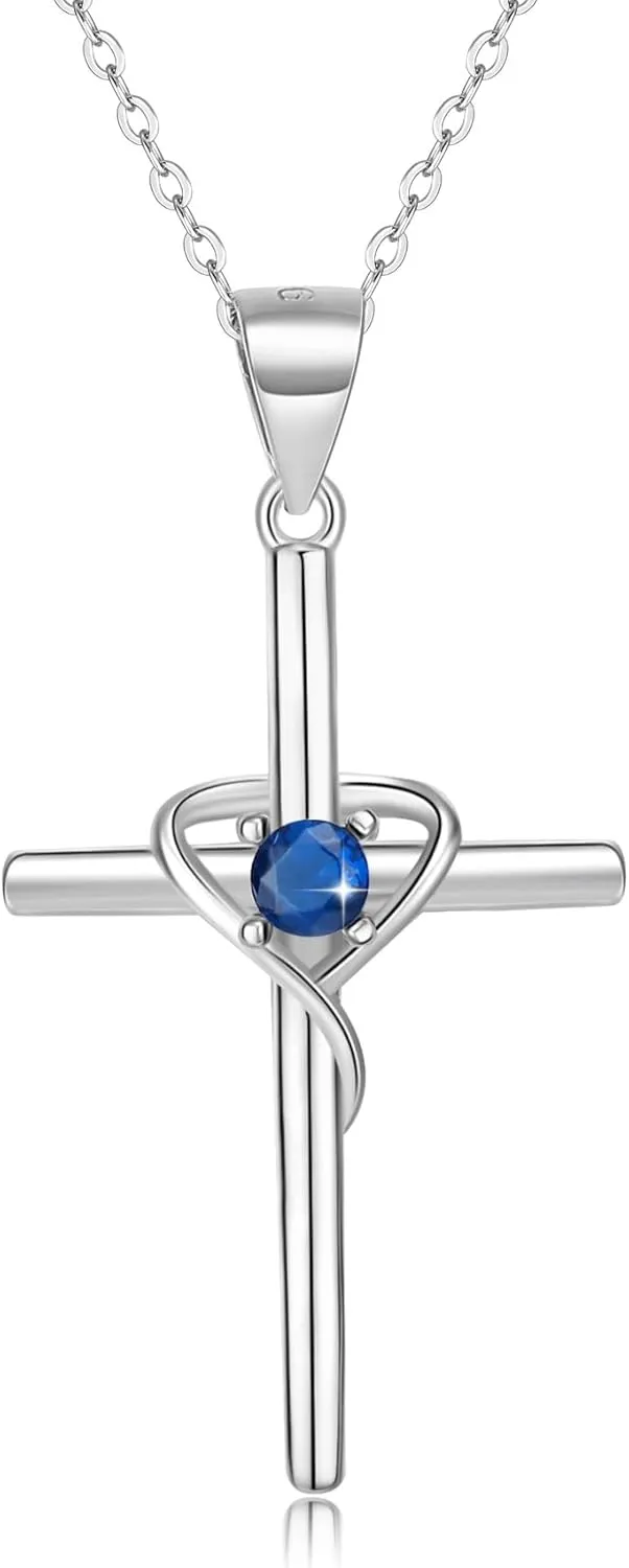 925 Sterling Silver Cross Necklace for Women 5A CZ Birthstone Necklace Cross Heart Pendant Necklace for Women Men Adjustable Birthstone Jewelry Gift for Birthday Christmas