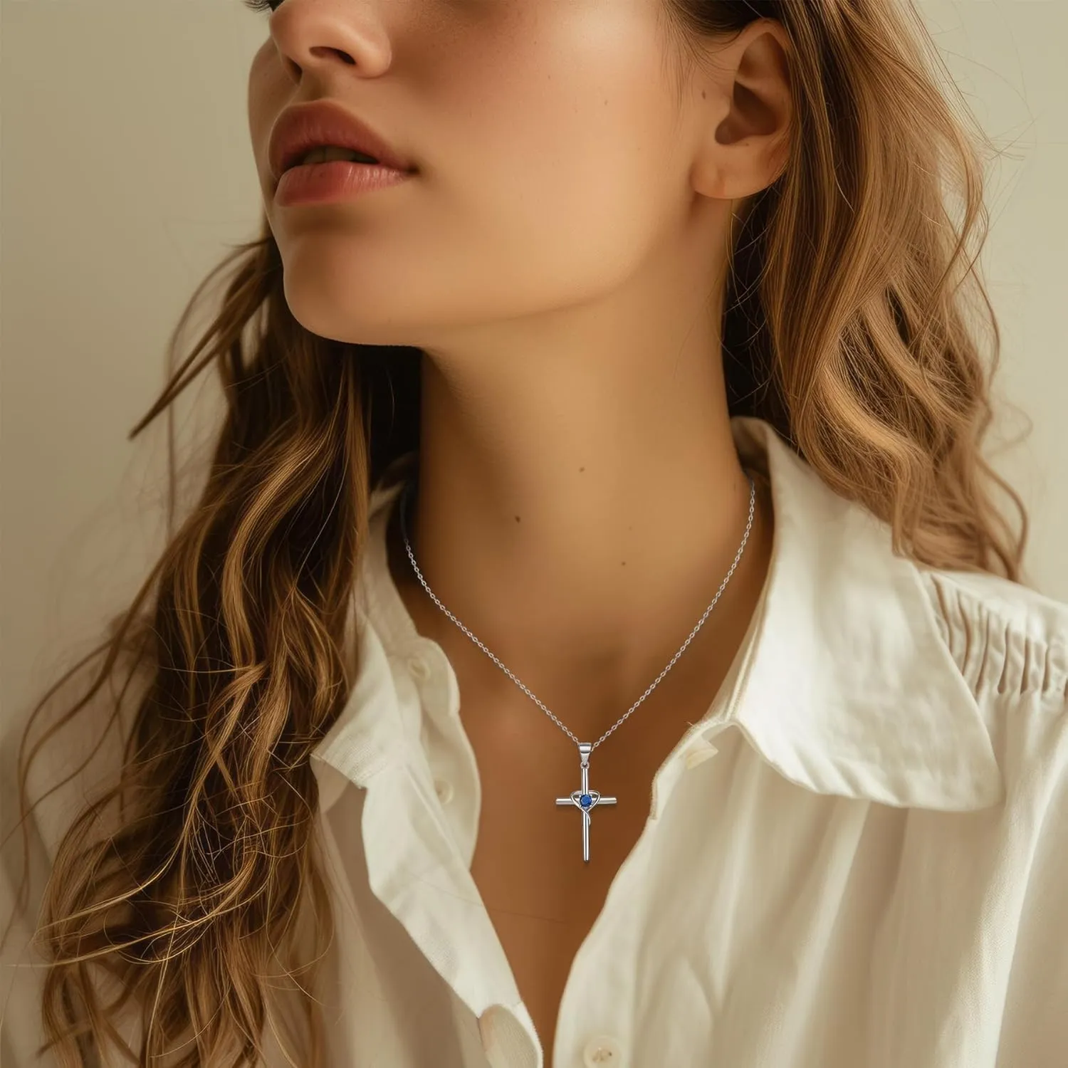 925 Sterling Silver Cross Necklace for Women 5A CZ Birthstone Necklace Cross Heart Pendant Necklace for Women Men Adjustable Birthstone Jewelry Gift for Birthday Christmas