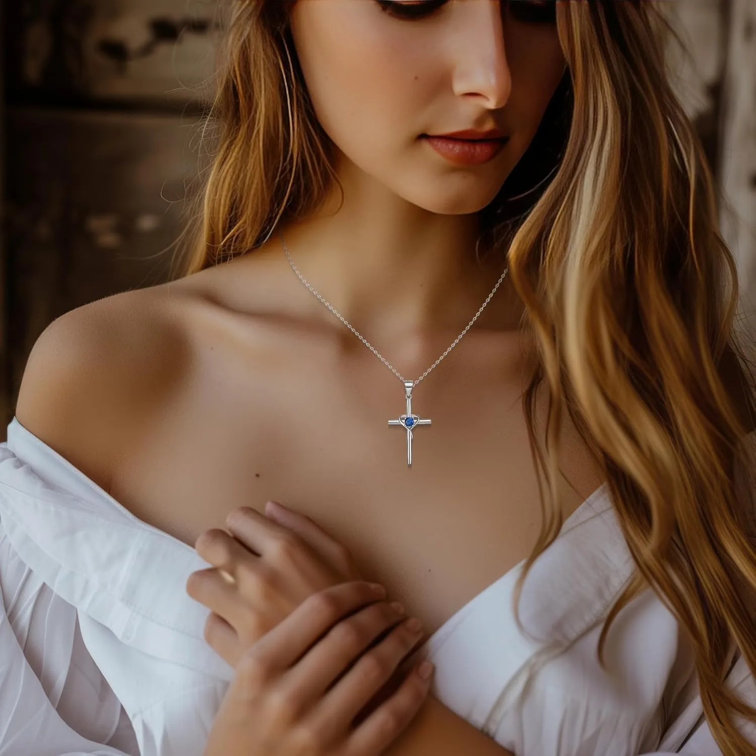 925 Sterling Silver Cross Necklace for Women 5A CZ Birthstone Necklace Cross Heart Pendant Necklace for Women Men Adjustable Birthstone Jewelry Gift for Birthday Christmas