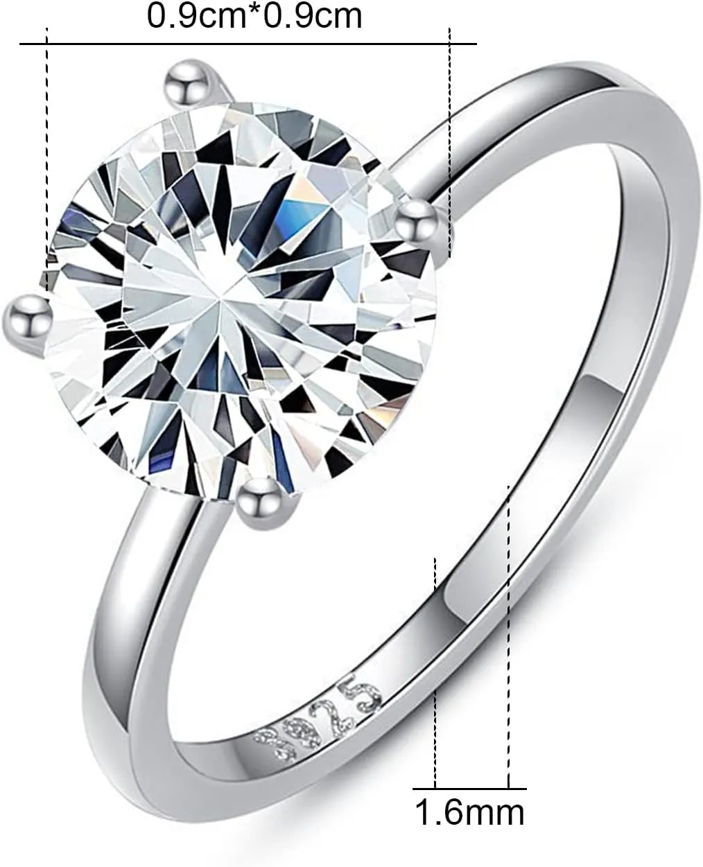 925 Sterling Silver Rings, 2 Carat Cubic Zirconia Ring for Women Round Solitaire Engagement 4 Prong Wedding