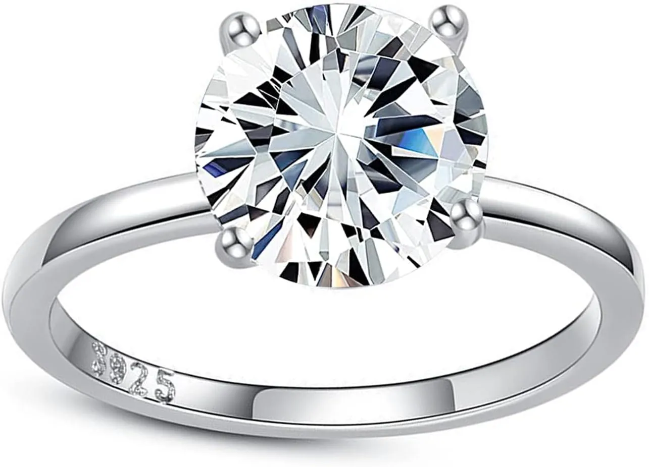 925 Sterling Silver Rings, 2 Carat Cubic Zirconia Ring for Women Round Solitaire Engagement 4 Prong Wedding
