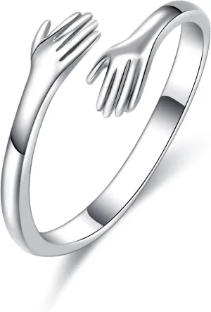 925 Sterling Silver Rings for Women Men or Unisex Silver Hugging Hands Open Ring Jewelry Hug Hands Statement Rings Bands Size
