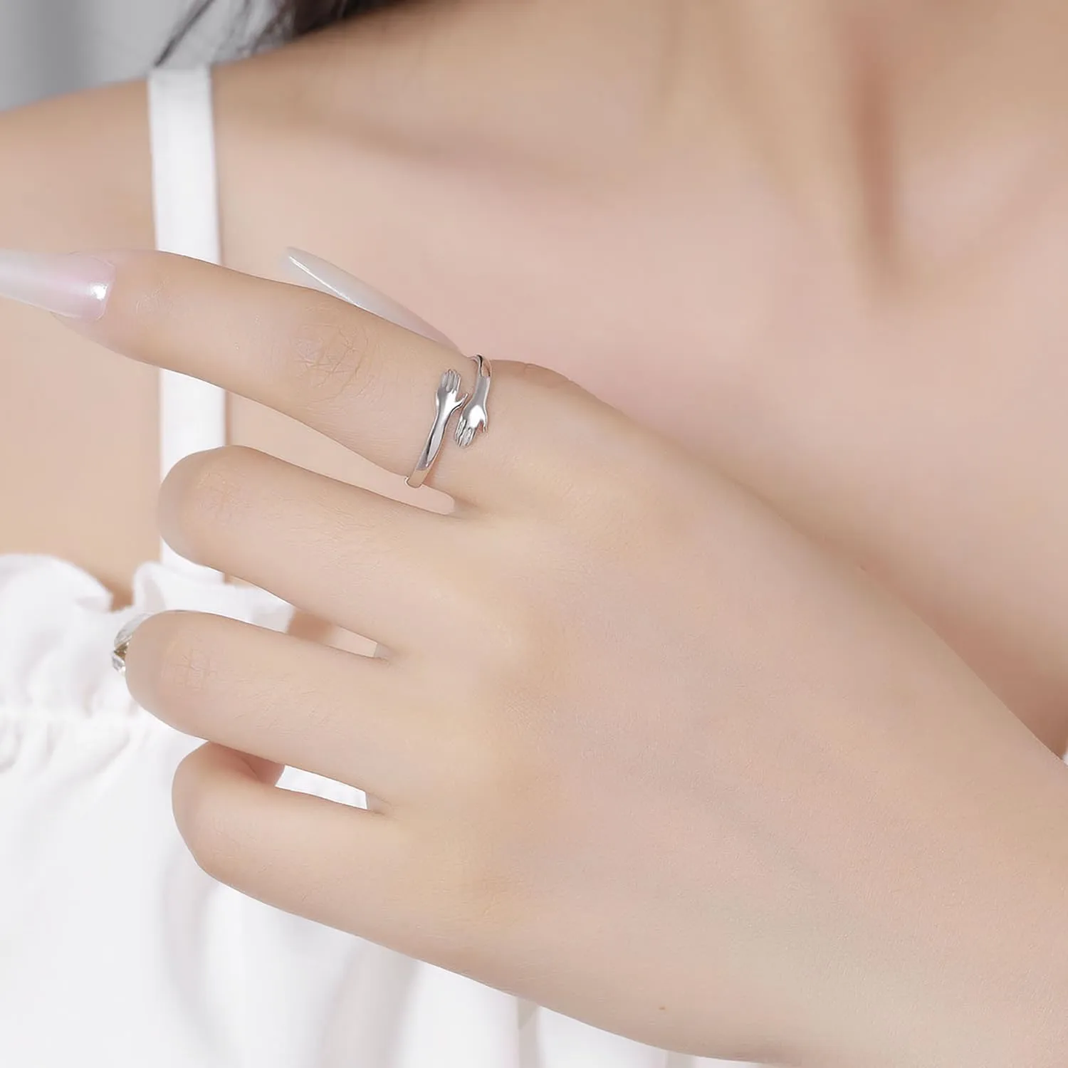 925 Sterling Silver Rings for Women Men or Unisex Silver Hugging Hands Open Ring Jewelry Hug Hands Statement Rings Bands Size