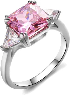 925 Sterling Silver Square Cubic Zirconia Engagement Rhinestone Rings for Women - Pink Size 9
