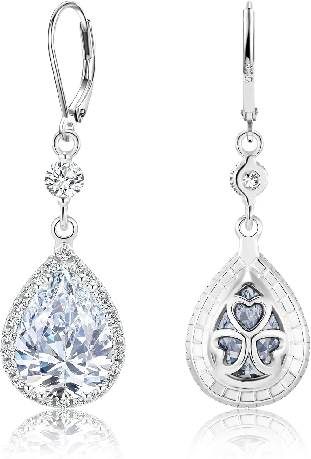 925 Sterling Silver Teardrop Dangle Earrings for Women, ALEXCRAFT Wedding Earring for Brides Emerald Green Bridal Leverback Cubic Zirconia Bridesmaid Dangling Drop Rhinestone Earings Hypoallergenic