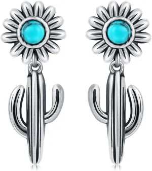 925 Sterling Silver Western Cactus Stud Earrings for Women Cowgirls Hypoallergenic Turquoise Cactus Ear Studs Cactus Dangle Earrings Vintage Western Style Jewelry Gifts