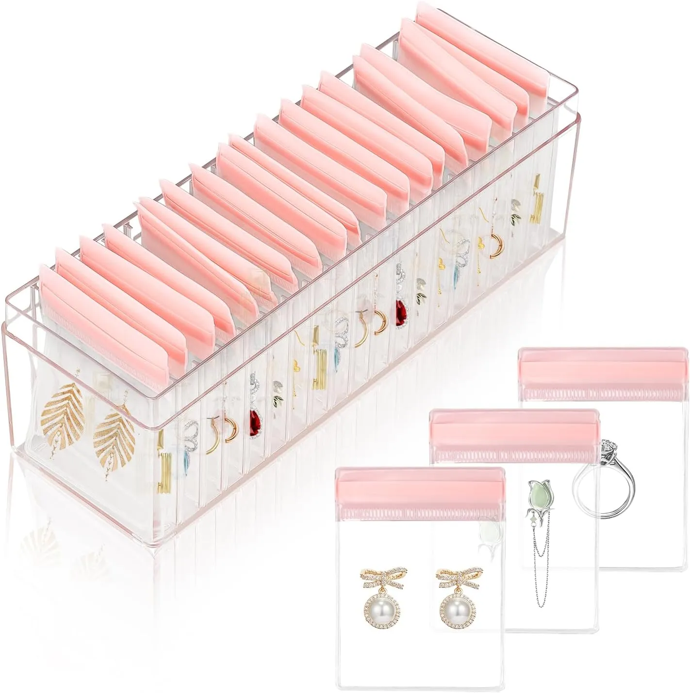Acrylic Jewelry Box Organizer, Clear Jewelry Organizer with 20 Portable Anti Tarnish Jewelry bags, Jewelry Travel Case for Earrings, Rings, Necklaces for Women Girls, 6x3x2 inches