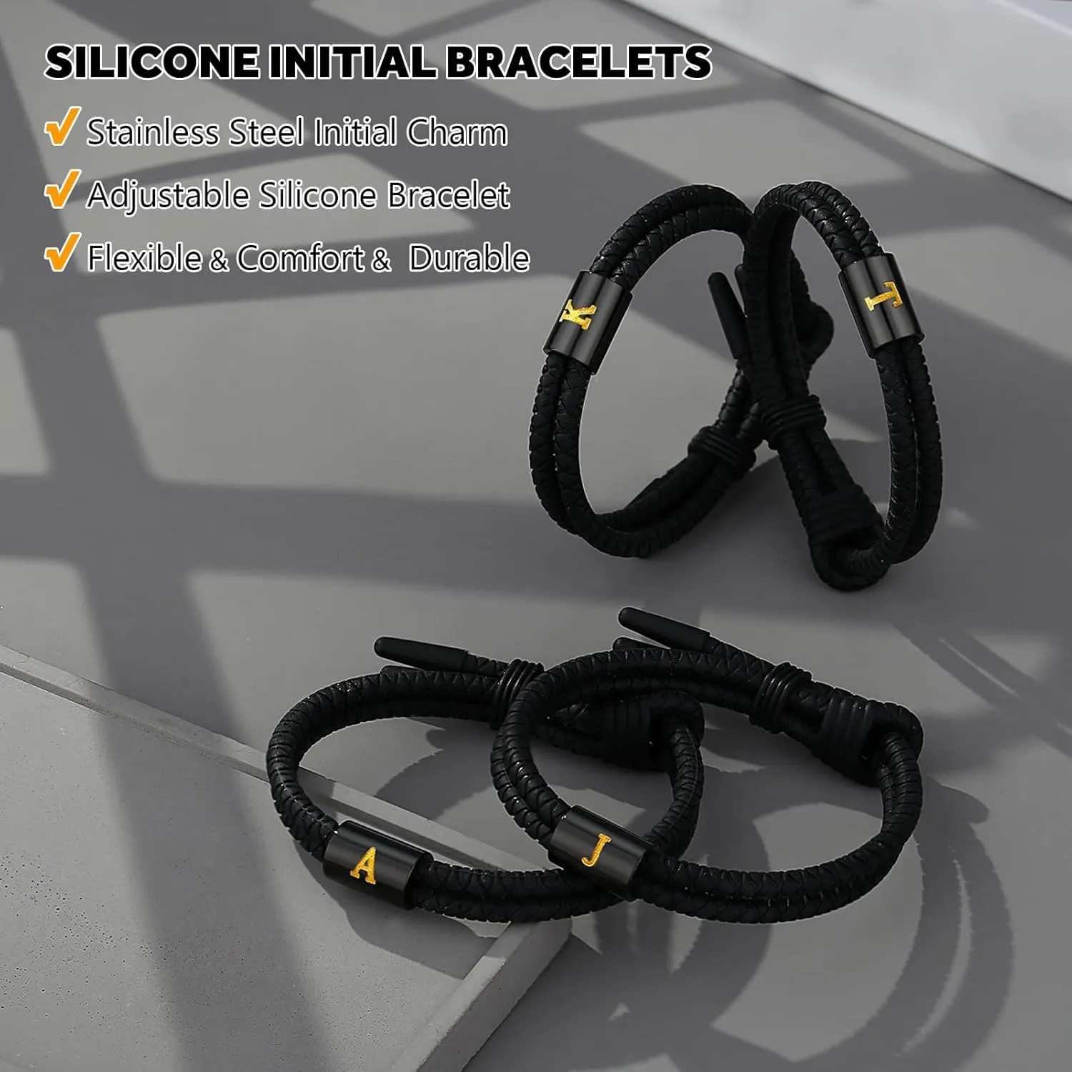 Adjustable Silicone Braided Rope Initial Bracelet for Men Women, Stainless Steel A-Z Letter Charm Bracelets, Waterproof Sports Rubber Bracelet Jewelry Gifts