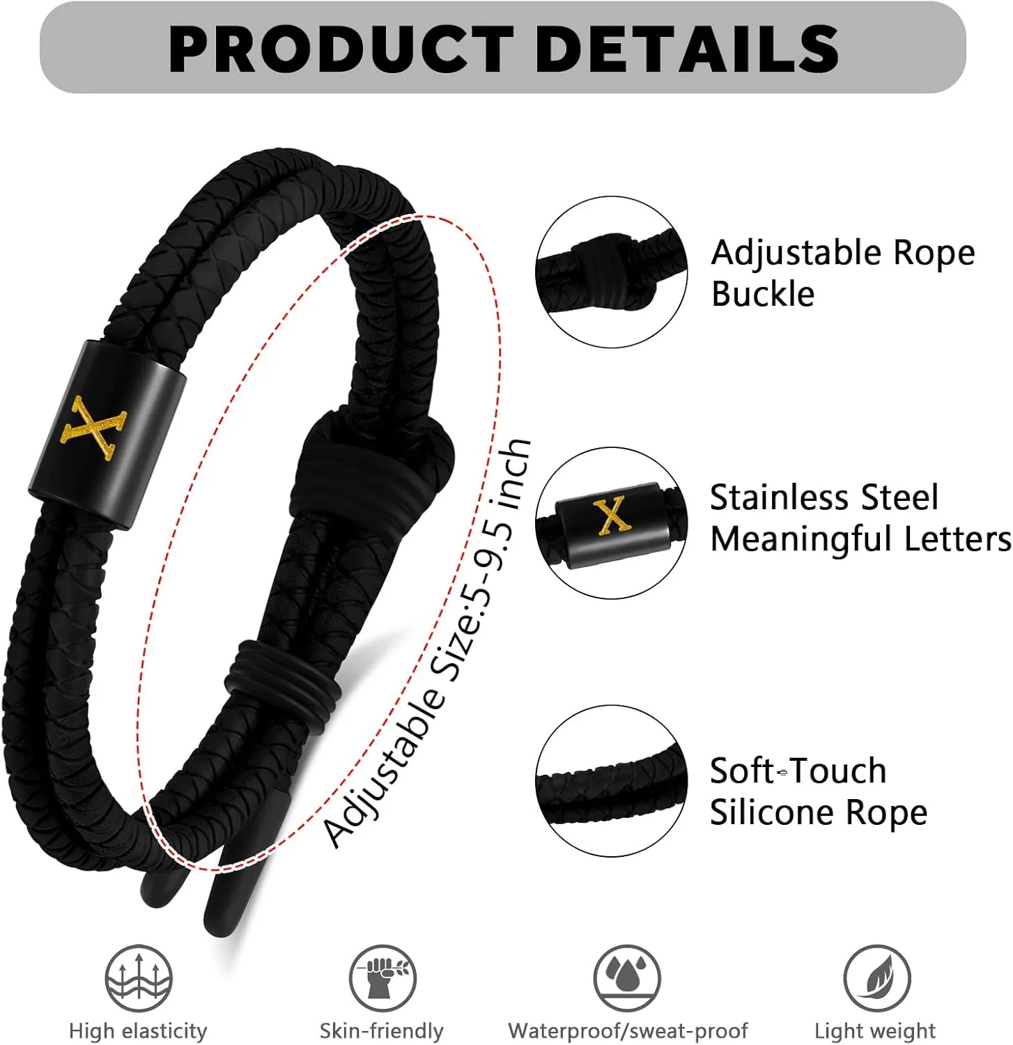 Adjustable Silicone Braided Rope Initial Bracelet for Men Women, Stainless Steel A-Z Letter Charm Bracelets, Waterproof Sports Rubber Bracelet Jewelry Gifts