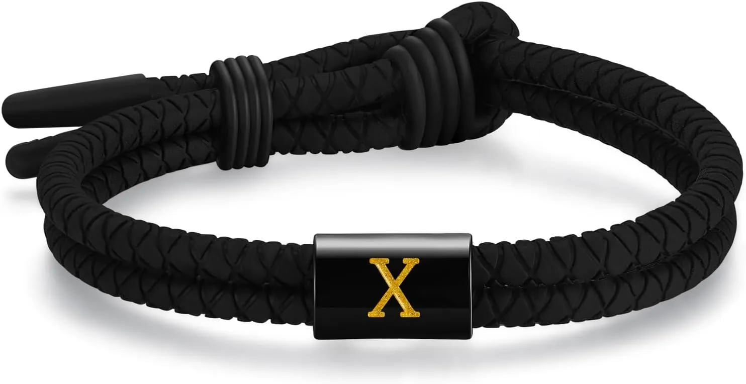 Adjustable Silicone Braided Rope Initial Bracelet for Men Women, Stainless Steel A-Z Letter Charm Bracelets, Waterproof Sports Rubber Bracelet Jewelry Gifts