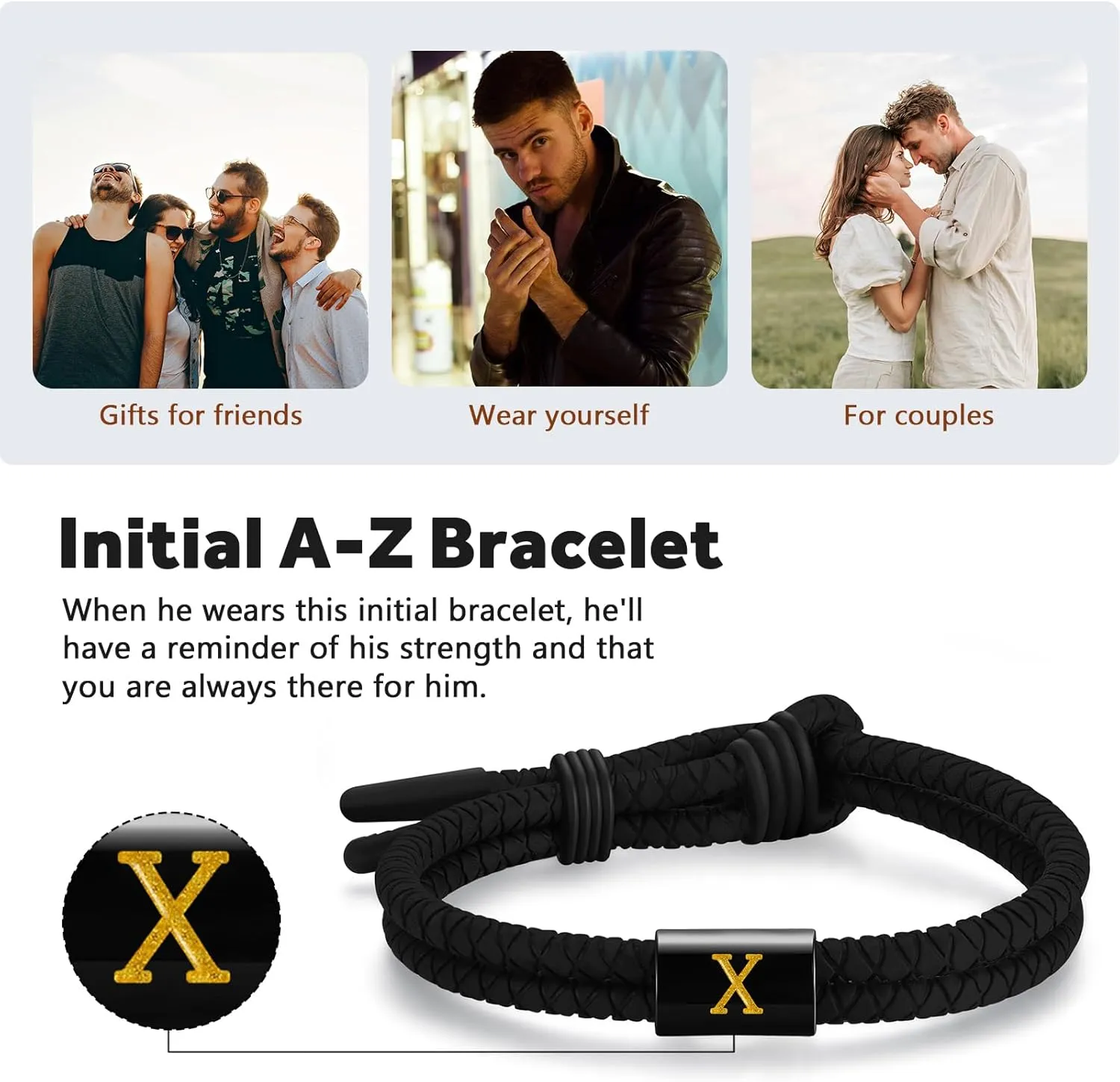 Adjustable Silicone Braided Rope Initial Bracelet for Men Women, Stainless Steel A-Z Letter Charm Bracelets, Waterproof Sports Rubber Bracelet Jewelry Gifts