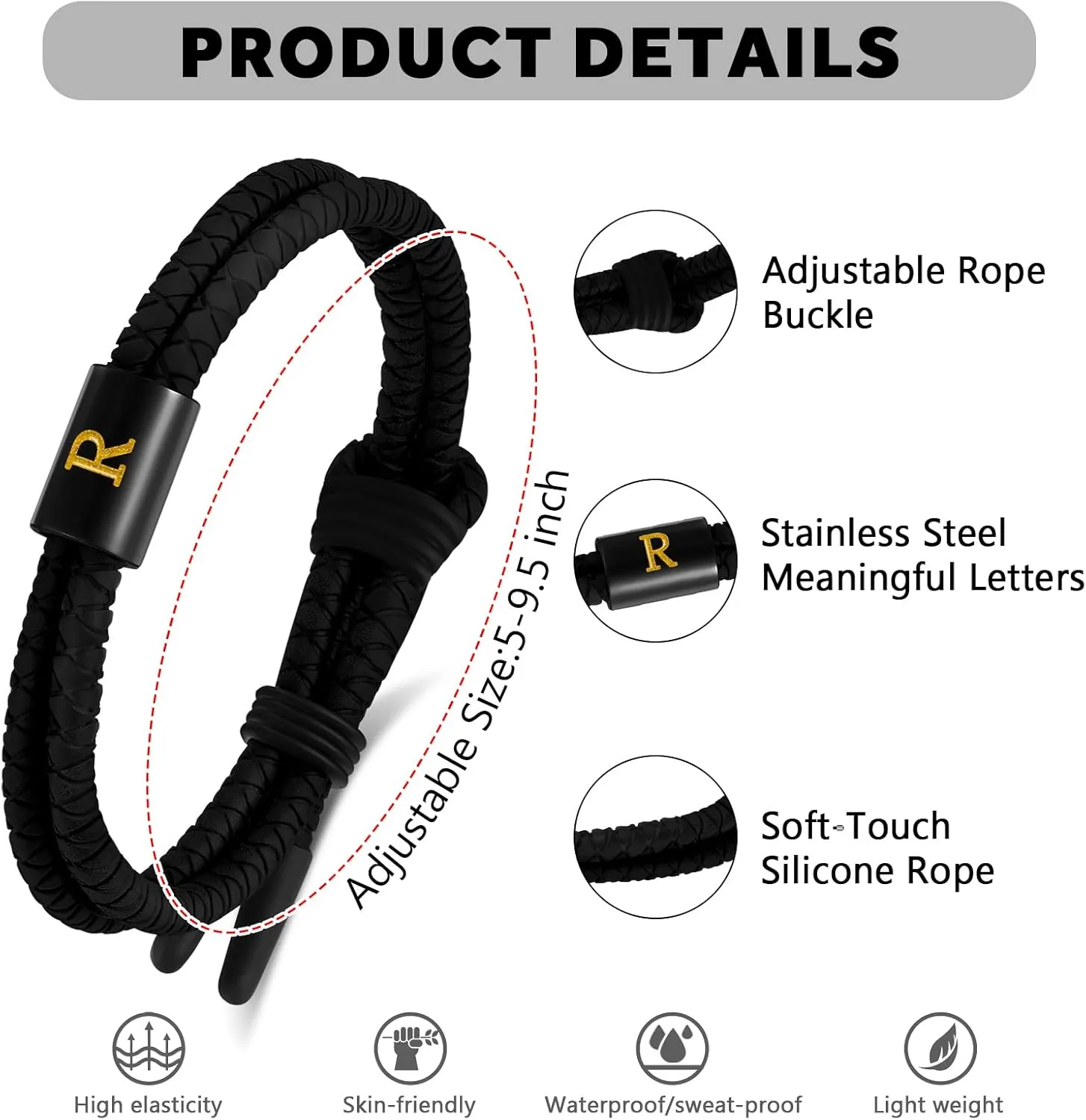Adjustable Silicone Braided Rope Initial Bracelet for Men Women, Stainless Steel A-Z Letter Charm Bracelets, Waterproof Sports Rubber Bracelet Jewelry Gifts
