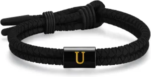 Adjustable Silicone Braided Rope Initial Bracelet for Men Women, Stainless Steel A-Z Letter Charm Bracelets, Waterproof Sports Rubber Bracelet Jewelry Gifts
