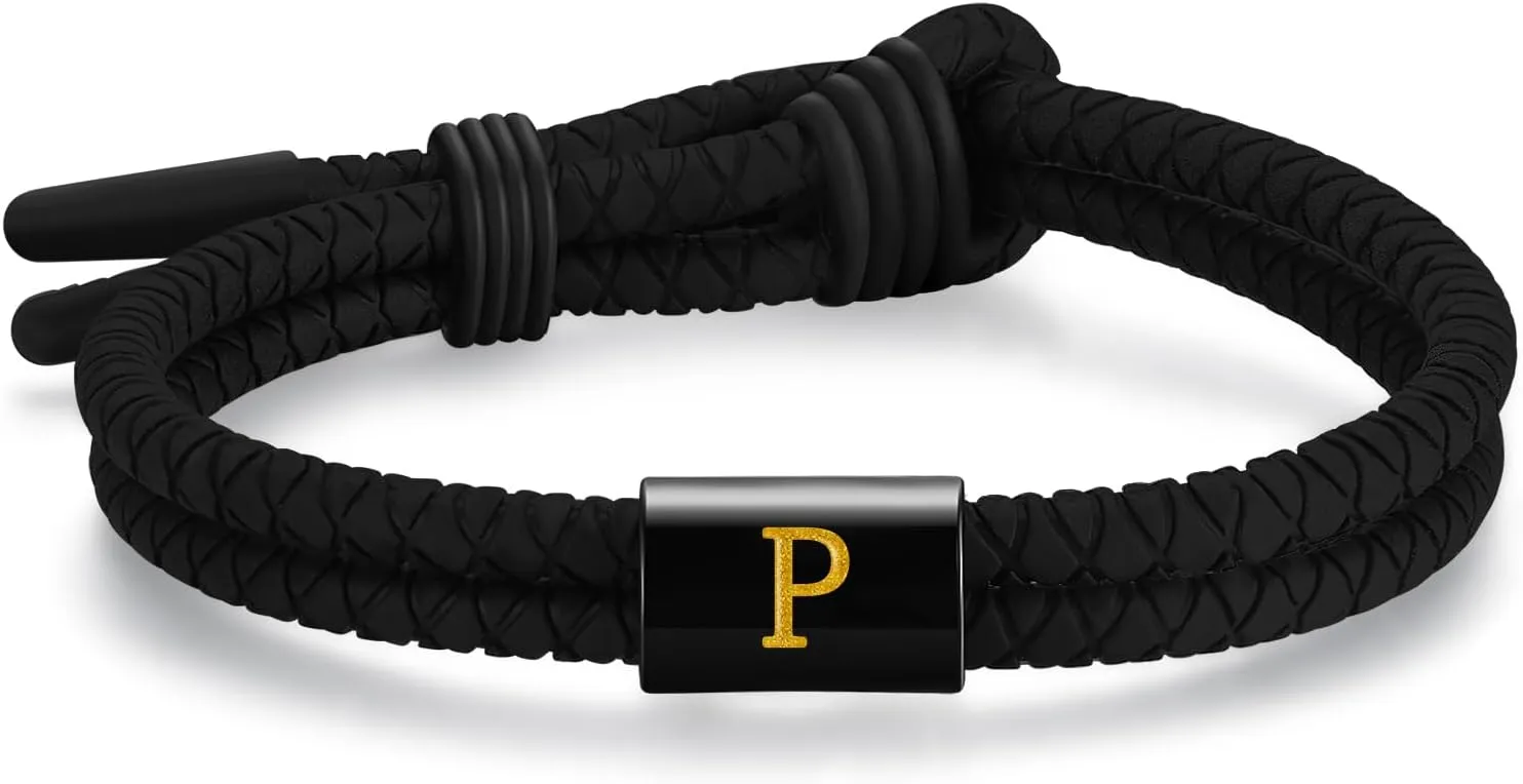 Adjustable Silicone Braided Rope Initial Bracelet for Men Women, Stainless Steel A-Z Letter Charm Bracelets, Waterproof Sports Rubber Bracelet Jewelry Gifts