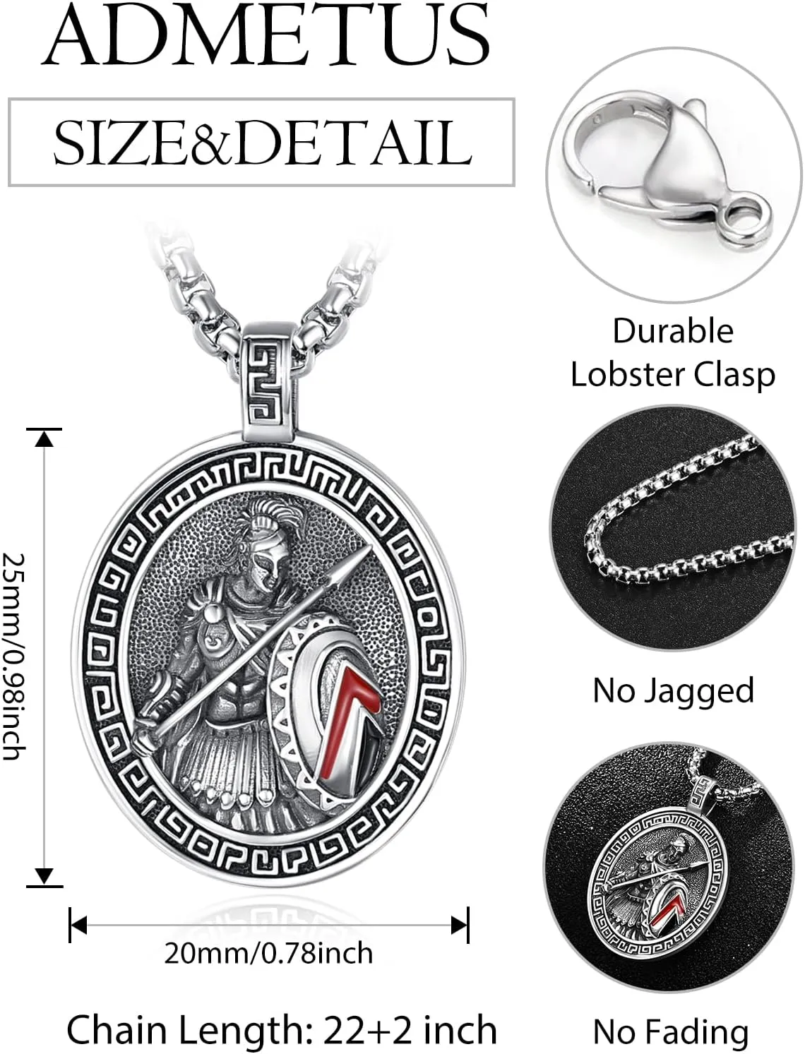 ADMETUS 925 Sterling Silver Greek God Necklaces, Amulet Pendant Necklace, Greek Mythology Protection Jewelry Gifts for Men with 2.5mm 22" 2" Rolo Chain
