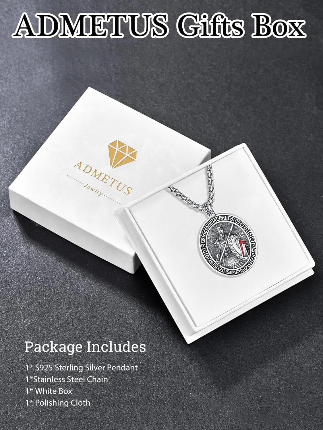 ADMETUS 925 Sterling Silver Greek God Necklaces, Amulet Pendant Necklace, Greek Mythology Protection Jewelry Gifts for Men with 2.5mm 22" 2" Rolo Chain