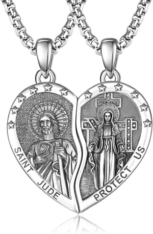 ADMETUS Heart Couple Necklaces Matching 925 Sterling Silver Patron Saint Medal and Miraculous Medal Protection Jewelry Religious Gifts for Him and Her