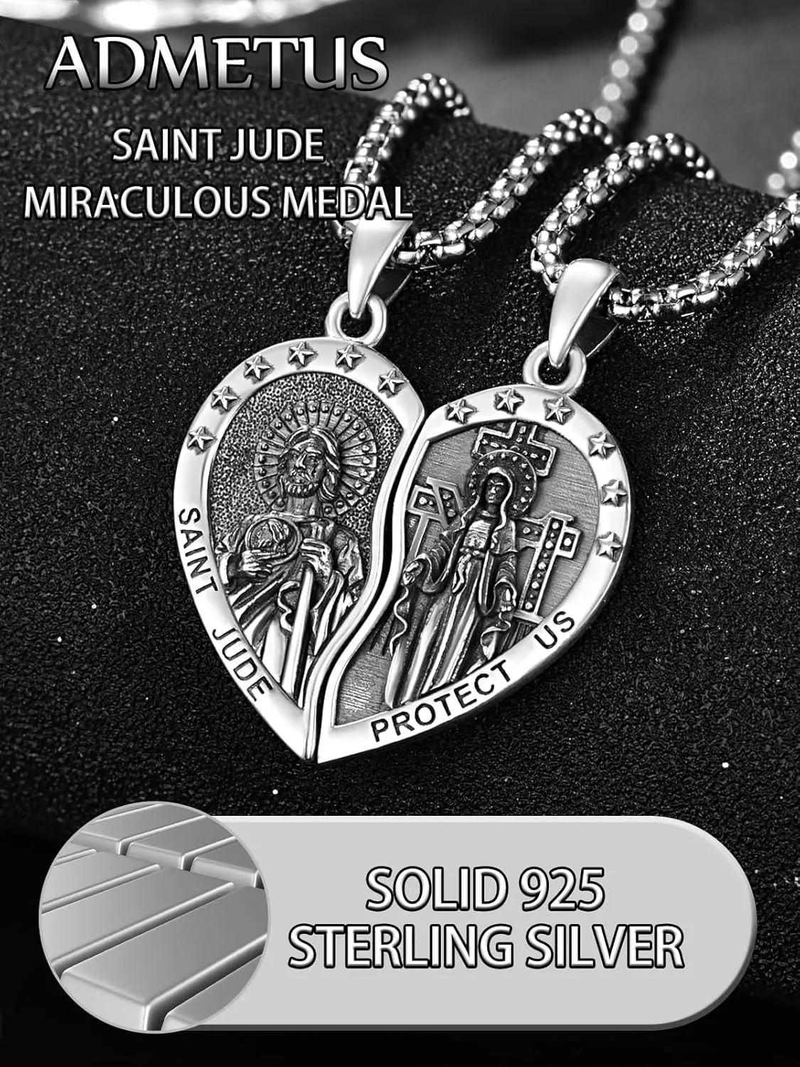 ADMETUS Heart Couple Necklaces Matching 925 Sterling Silver Patron Saint Medal and Miraculous Medal Protection Jewelry Religious Gifts for Him and Her