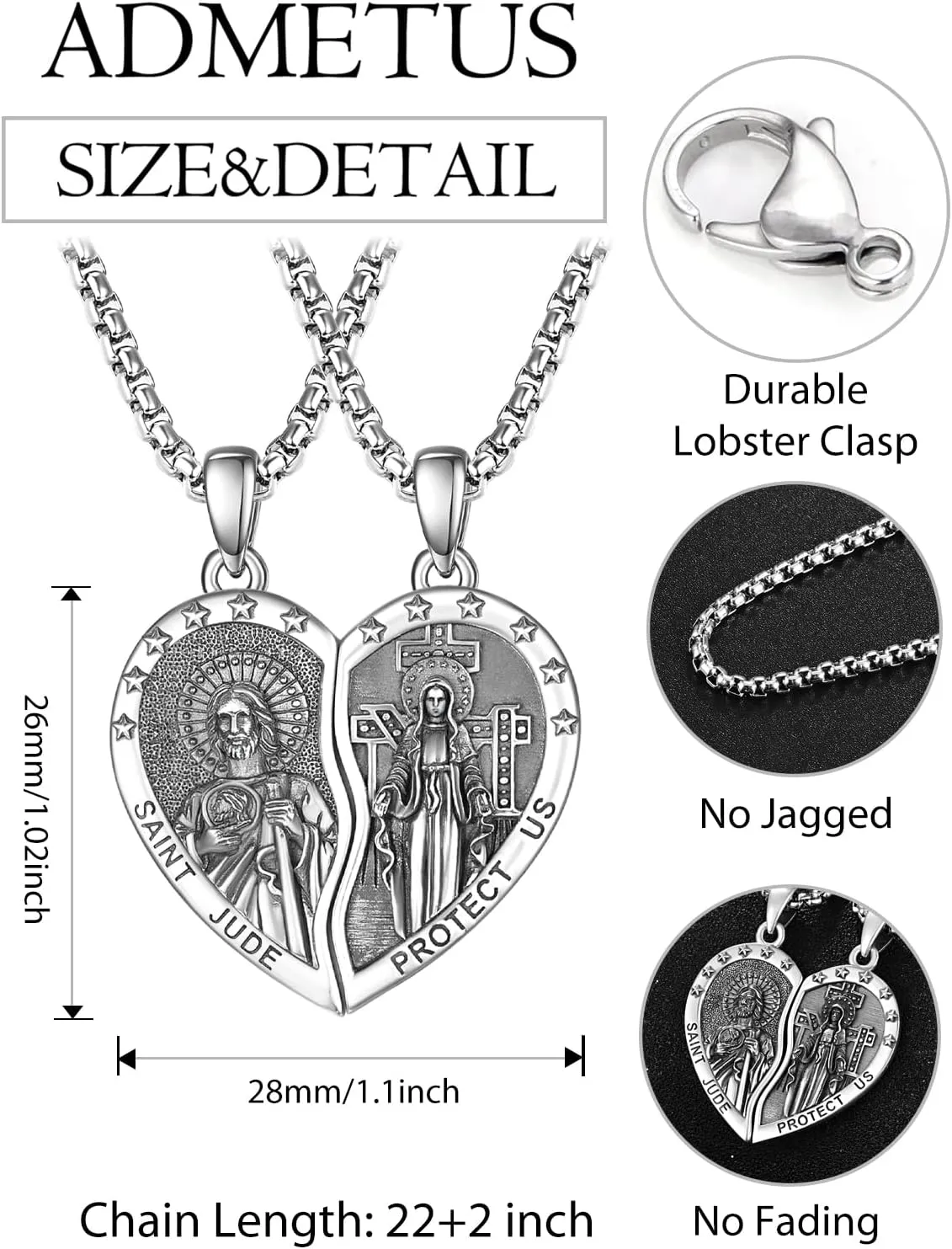ADMETUS Heart Couple Necklaces Matching 925 Sterling Silver Patron Saint Medal and Miraculous Medal Protection Jewelry Religious Gifts for Him and Her