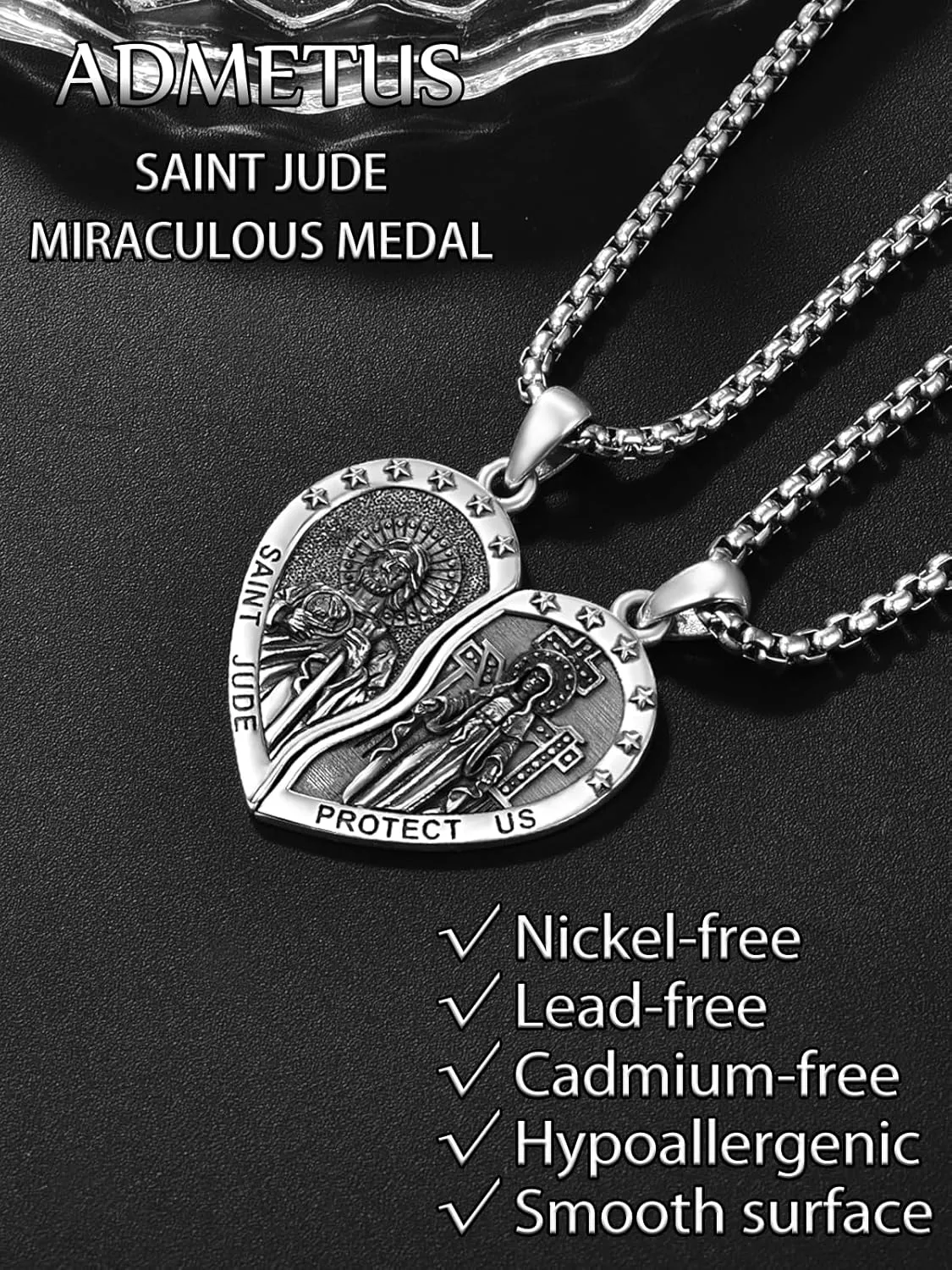 ADMETUS Heart Couple Necklaces Matching 925 Sterling Silver Patron Saint Medal and Miraculous Medal Protection Jewelry Religious Gifts for Him and Her