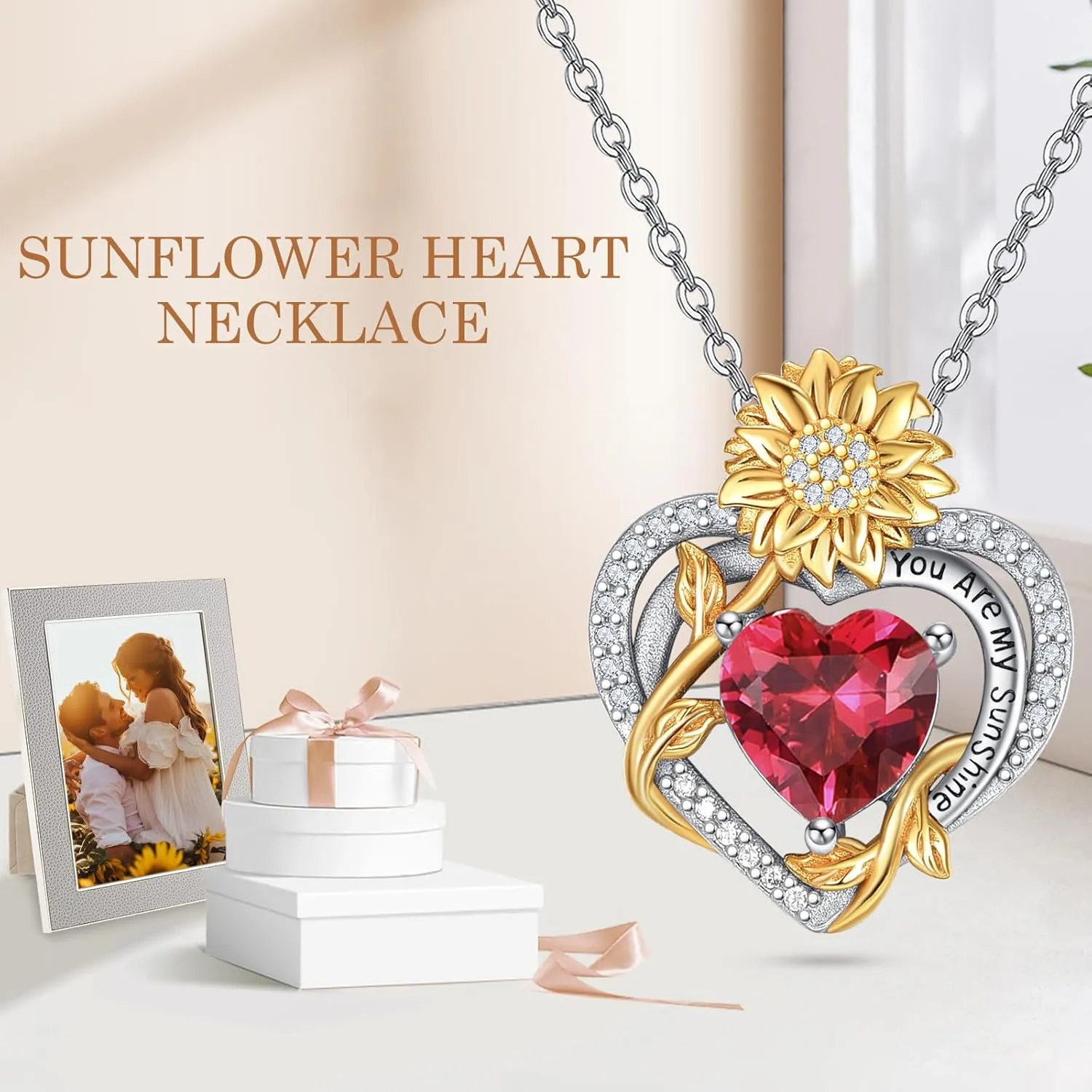 AENEAS You Are My Sunshine Necklace Sunflower Birthstone Necklaces 925 Sterling Silver Heart Pendant Jewelry Women Gift for Birthday Mother's Day Gifts for Birthday Mothers Day Christmas Anniversary