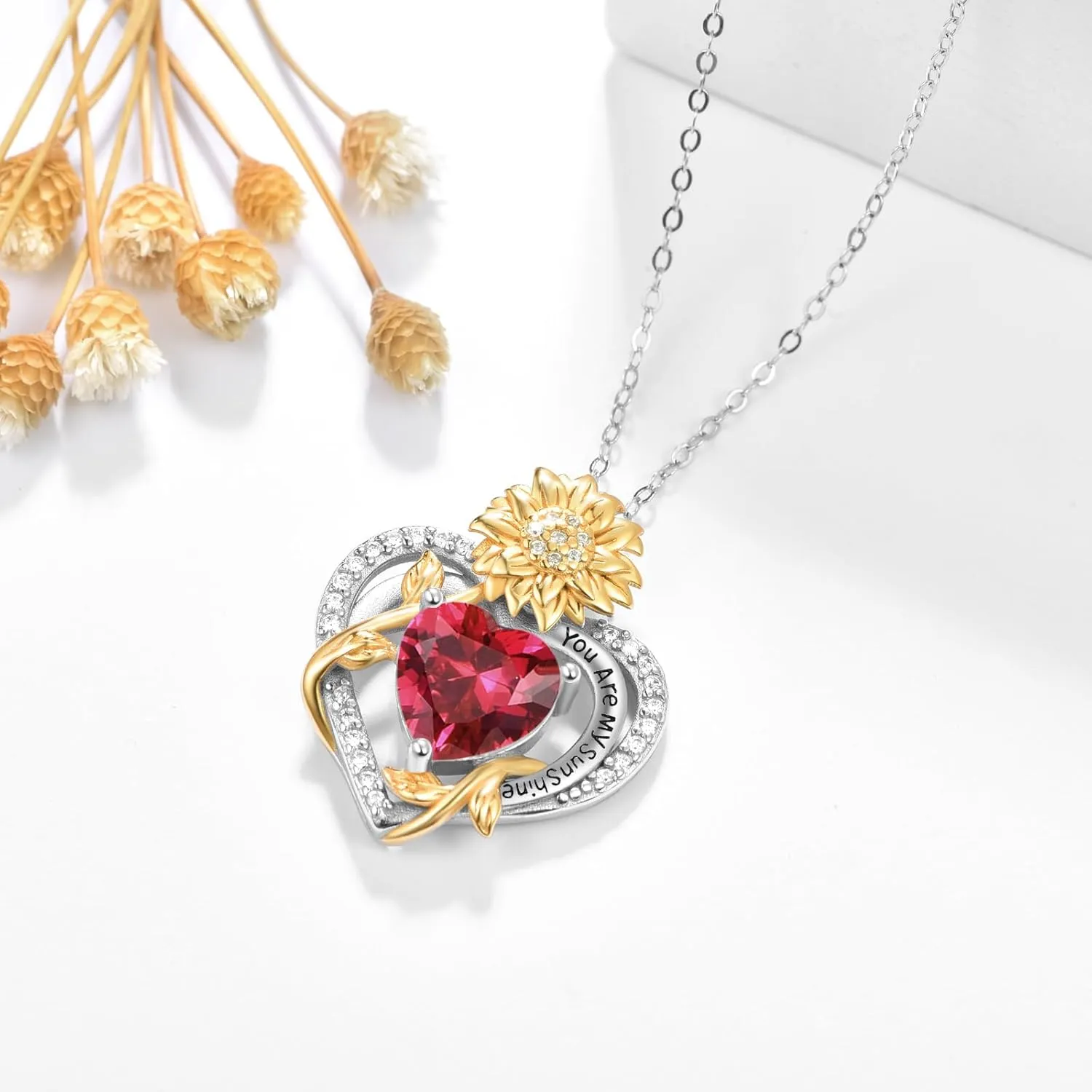 AENEAS You Are My Sunshine Necklace Sunflower Birthstone Necklaces 925 Sterling Silver Heart Pendant Jewelry Women Gift for Birthday Mother's Day Gifts for Birthday Mothers Day Christmas Anniversary