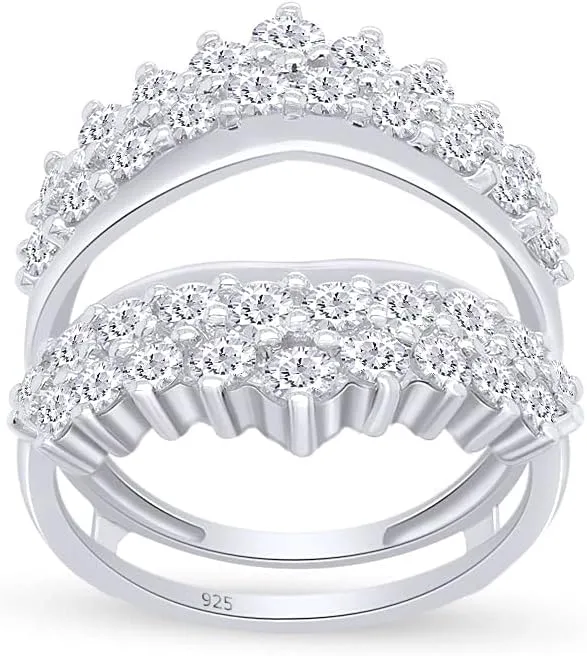 AFFY 4 Carat Round Cut Cubic Zirconia Double Row Solitaire Enhancer Guard Ring in 14k White Gold Over Sterling Silver