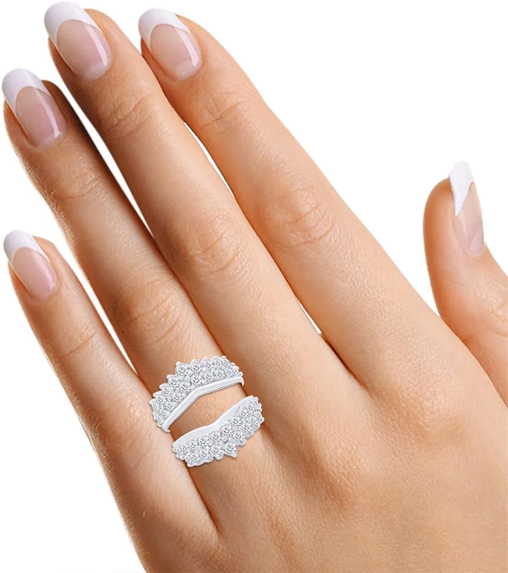 AFFY 4 Carat Round Cut Cubic Zirconia Double Row Solitaire Enhancer Guard Ring in 14k White Gold Over Sterling Silver