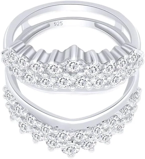 AFFY 4 Carat Round Cut Cubic Zirconia Double Row Solitaire Enhancer Guard Ring in 14k White Gold Over Sterling Silver